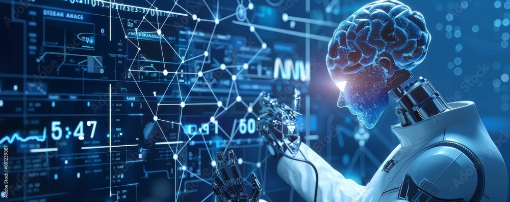 Poster futuristic ai robot engaged in manufacturing with detailed neural network visualizations