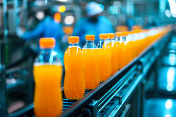 Orange juice bottles on a production line