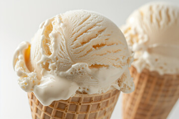 Melting vanilla ice cream cones close-up