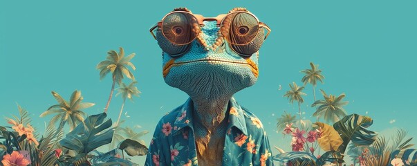 A cute chameleon wearing glasses on teal background