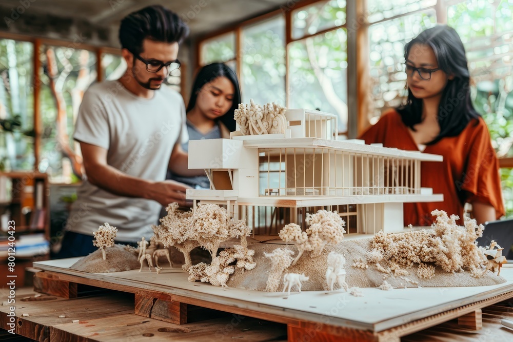 Poster team of developers and architects working on scale model of business buildings project in office
