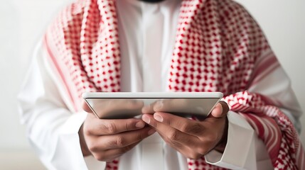 Arabic man wearing a Saudi bisht and traditional white shirt, is looking at the table he is holding.