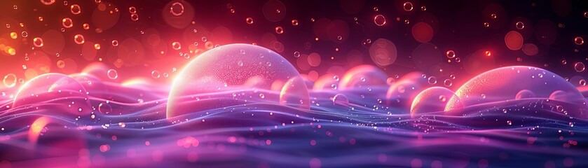 Create an abstract background image featuring glowing pink bubbles floating on a purple liquid surface. Make the bubbles appear to be floating in slow motion.