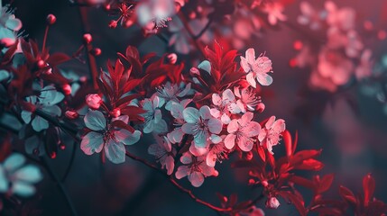 The image is of a branch of a tree with pink and blue flowers.


