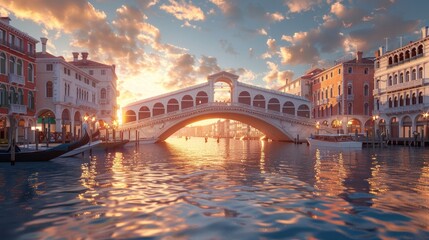 D Rendered Sunset View of the Iconic Rialto Bridge in Venice Italy