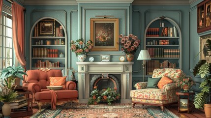 Vintage Living Room Historical Charm: An illustration highlighting the historical charm of a vintage living room