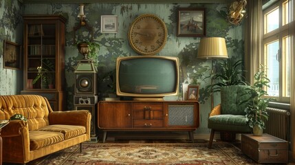 Vintage Living Room Nostalgic Atmosphere: A 3D illustration showcasing a vintage living room with a nostalgic atmosphere