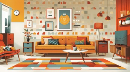 Vintage Living Room Retro Design: An illustration highlighting a vintage living room with retro design elements