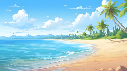 Tropical Tranquility, Sandy Shoreline, Clear Waters. Realistic Beach Landscape. Vector Background
