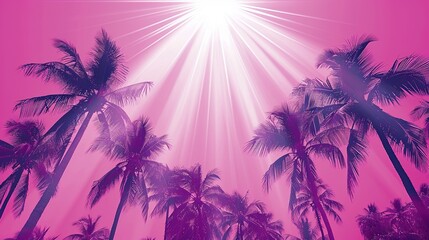 a sunset over a beach. The sky is a bright pink color, and the sun is setting behind some palm trees. The palm trees are silhouetted against the sky.