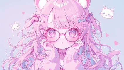A cute girl with cat ears, pink glasses and long hair in the style of Kawaii manga, holding her hands to cover herself up. 