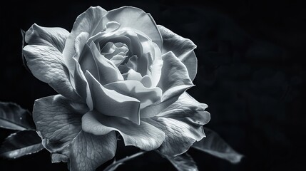 A black and white photo of a rose in full bloom against a black background.

