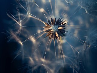Macro shot of a dandelion with seeds partially attached showcasing intricate details against a soft, dark blue background.