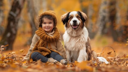 Dog and kid play in Autumn woods with beautiful foliage