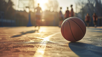 Basketball ball on a basketball court in the rays of the setting sun. AI.