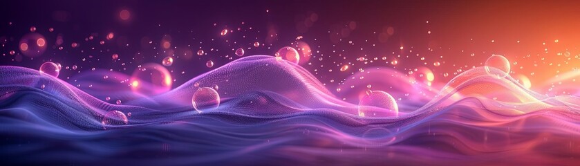Create an abstract background of purple and pink waves with bubbles