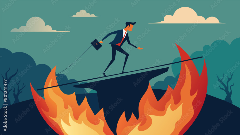 Poster an image of a person balancing on a tightrope over a pit of fire symbolizing the delicate nature of 