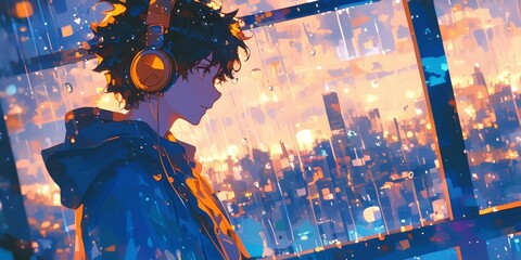 A digital art piece depicts an anime boy wearing headphones, standing in front of a glass window where raindrops and city lights are reflected, creating a dreamy atmosphere. 