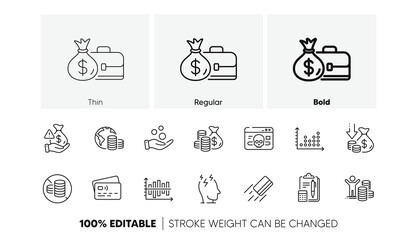 Deflation, Stress and Salary line icons. Pack of Coins bag, Dot plot, Budget icon. Budget profit, Bribe, Donation money pictogram. Credit card, Diagram chart, Accounting. Cyber attack. Vector