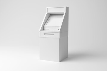 White automated teller machine (ATM) on white background in monochrome and minimalism. Illustration of the concept of banking services, money withdrawal and cash deposit