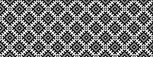 Ethnic embroidery geometric banner pattern black and white. Desktop screensaver. Vector image 