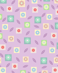 Colorful floral seamless pattern illustration. Vintage style hippie flower background design. Geometric checkered wallpaper print, spring season nature backdrop texture with daisy flowers.