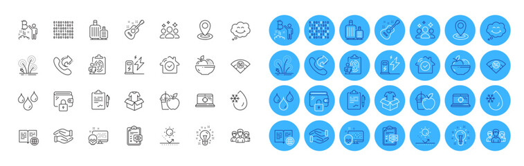 Smile, Guitar and Clipboard line icons pack. Helping hand, Seo laptop, Freezing water web icon. Internet book, Charging station, Binary code pictogram. Teamwork, Eye checklist, Waterproof. Vector