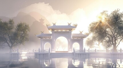 Minimalist design, a pure white floating island in the air, a pure white decorated archway model of Chinese traditional stone with 3 doorways, the model is decorated with gold embellishing, fog, Zen, 