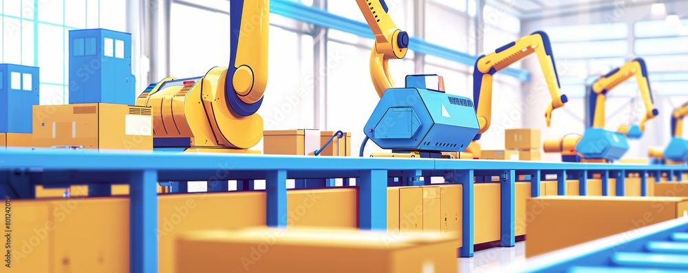 Poster automated industrial robots working in a factory setting with blue and yellow colors