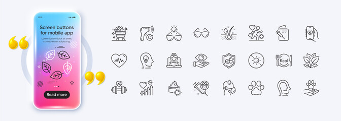 Leaf, Eyeglasses and Health app line icons for web app. Phone mockup gradient screen. Pack of Psychology, Organic tested, Pets care pictogram icons. Patient, Heartbeat, No sun signs. Vector