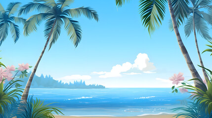 Coastal Charm, Palm Trees, Blue Waters. Realistic Beach Landscape. Vector Background