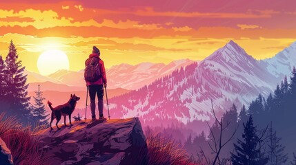 Dog and a hiker standing at top of mountain in outdoor park at sunrise
