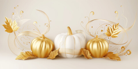 Golden and white pumpkins with elegant leaves, perfect for a luxurious fall display - autumn charm and modern style