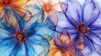 This is an image of three flowers. The flowers are blue, orange, and purple.

