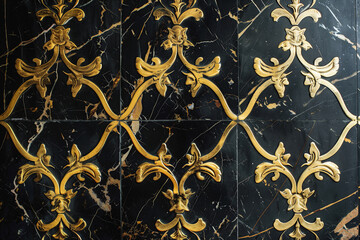 Stylization inspired by golden fleurs de luce on black marble wall in french palace, hotel. Close up. Indoor shot