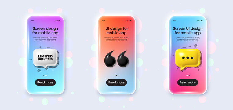 Phone 3d mockup gradient screen. Limited quantities tag. Special offer sign. Sale promotion symbol. Limited quantities phone mockup message. 3d chat speech bubble. Yellow text box app. Vector