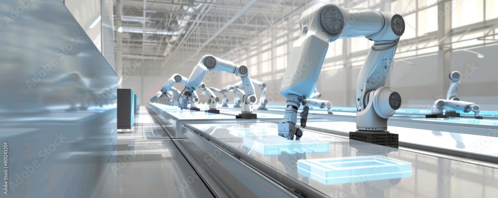 Poster futuristic automated robotic arms in a high-tech factory setting