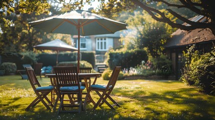 A family dinner at a wooden table with four chairs and a sun umbrella, arranged for a coffee picnic party on the grass near trees in a summer garden.