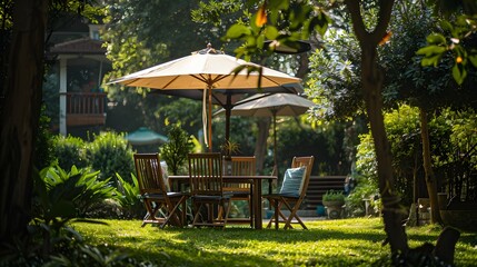 Obraz premium A family dinner at a wooden table with four chairs and a sun umbrella, arranged for a coffee picnic party on the grass near trees in a summer garden.