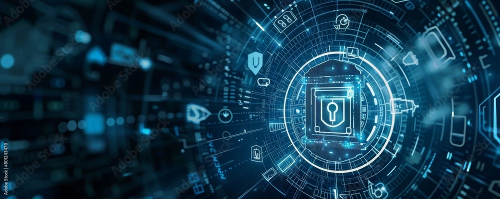 Poster advanced cybersecurity system in a futuristic digital interface with glowing padlock icons