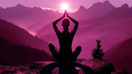 Woman meditates at dawn in mountains to reduce anxiety and improve focus . Concept Meditation, Anxiety Reduction, Sunrise in Mountains, Mental Focus, Self-Care