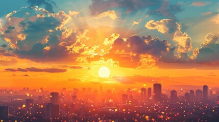 City Morning. Sunrise Over Big City Skyline with Orange Clouds