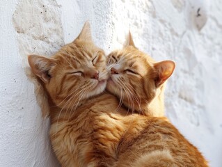 heartwarming scene captured in a close-up shot, where one ginger cat lovingly embraces and licks its companion against a pristine white wall. 