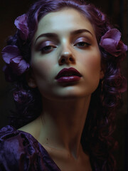 Beautiful woman with purple flowers in her hair in portrait