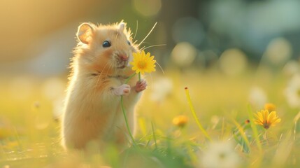 Lovely cute hamster on lawn with beautiful flowers