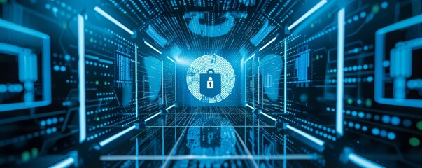 Obraz premium Advanced cybersecurity network interface with glowing padlock symbol on blue digital background