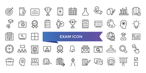 Exam icon collection. Related to test, score, quiz, questionnaire, results, pass, online exam and more. Line vector icons set.