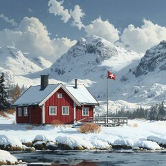 A solitary cabin, draped in Norwegian flags, stands in a vast snowy expanse, embodying distant festivities.