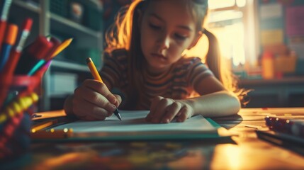 Energetic child focus on writing a diary while sitting at school. Happy elementary student taking a note or drawing a creative picture or coloring a art book in art lesson. Creative activity. AIG42.