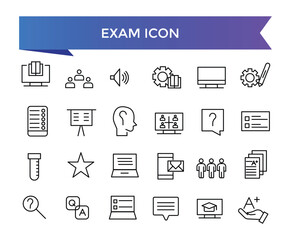 Exam icon collection. Related to test, score, quiz, questionnaire, results, pass, online exam and more. Line vector icons set.